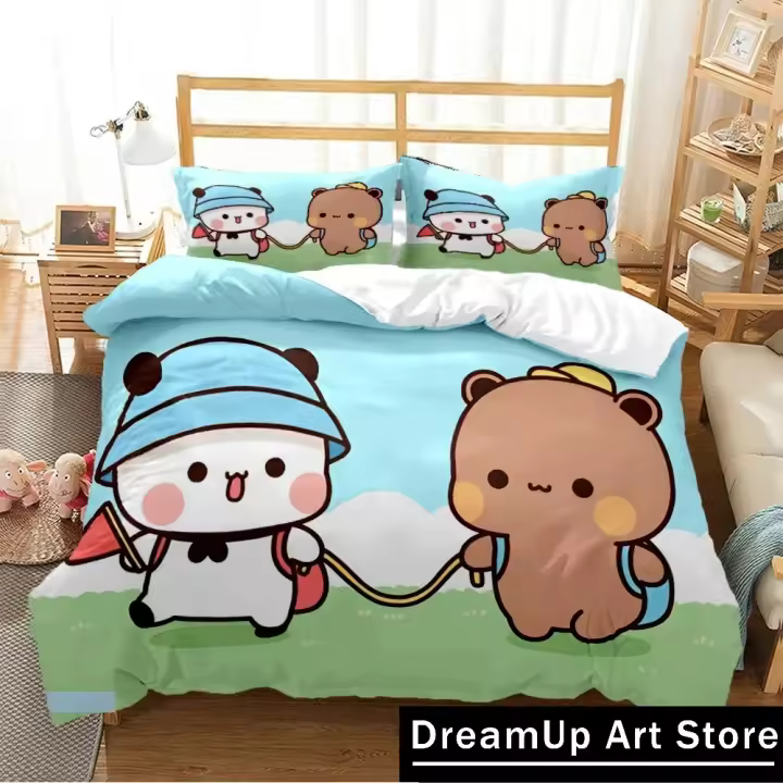 Conjunto de Ropa de Cama de Dibujos Animados de Oso Panda Cubierta de Edredón de 3D, Funda de Almohada, Tamaño Twin, Single, King Diseño Lindo para Niños - 1