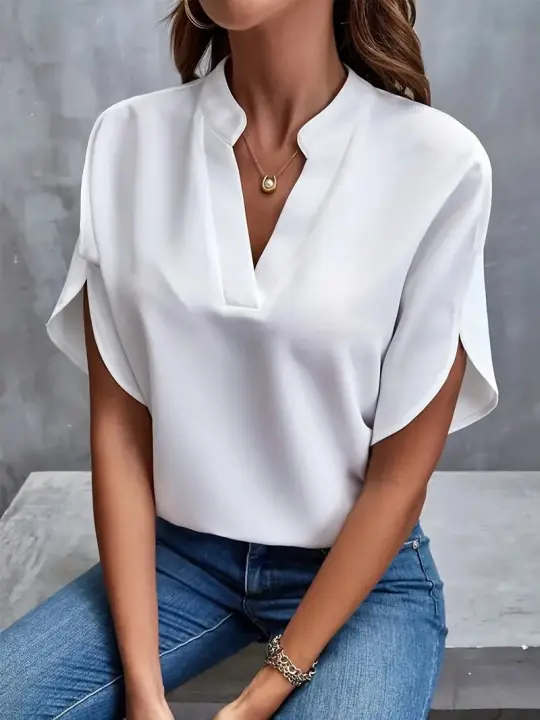 Blusa de manga dividida con cuello con muescas sólidas para mujer, top casual de media manga con hombros caídos para verano, ropa de mujer para uso diario, ropa de moda para mujer, ropa de mujer - 1