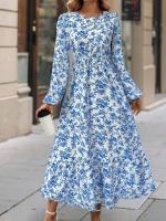 Elegante Vestido Maxi Floral Casual Cuello Redondo con Volantes Manga Larga - details 4