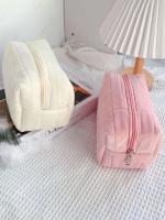 Bolsa de maquillaje de felpa bonita para mujer, bolsas de cosméticos pequeñas de viaje portátiles, bolsa de aseo con cremallera de Color sólido, bolsa de lavado, bolsas de almacenamiento - details 4