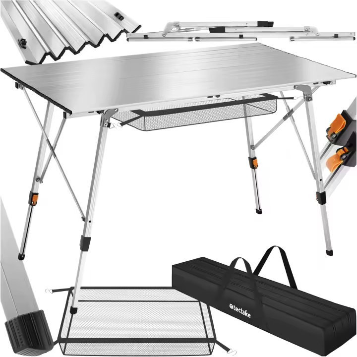 Mesa Camping Plegable con Altura Ajustable, Mesa Auxiliar de Aluminio con Topes, Mesa Exterior para Jardín, Terraza, Picnic, con Red de Almacenamiento y Bolsa de Transporte, 120x70,5x79 - Plata - 1