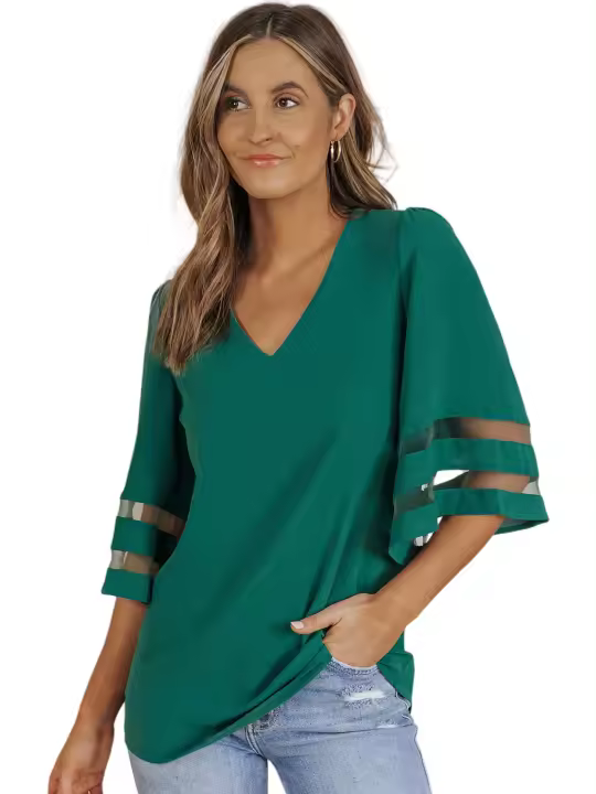 Elrachen Blusa holgada con cuello en V y manga acampanada para mujer, verde, tallas S-2XL - 1