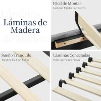 Cama tapizada con cabecera a rayas con alas de láminas de madera y metal, cama matrimonial color beige. - details 25