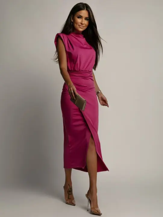 Vestido ajustado de color sólido con escote en V y diseño envolvente de moda europea y americana de 2025 para mujer - 1