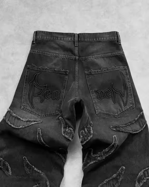 Vaqueros holgados Retro de hip-hop para hombre, vaqueros bordados Haruku, pantalones de corte dividido, pantalones informales punk para mujer - 1