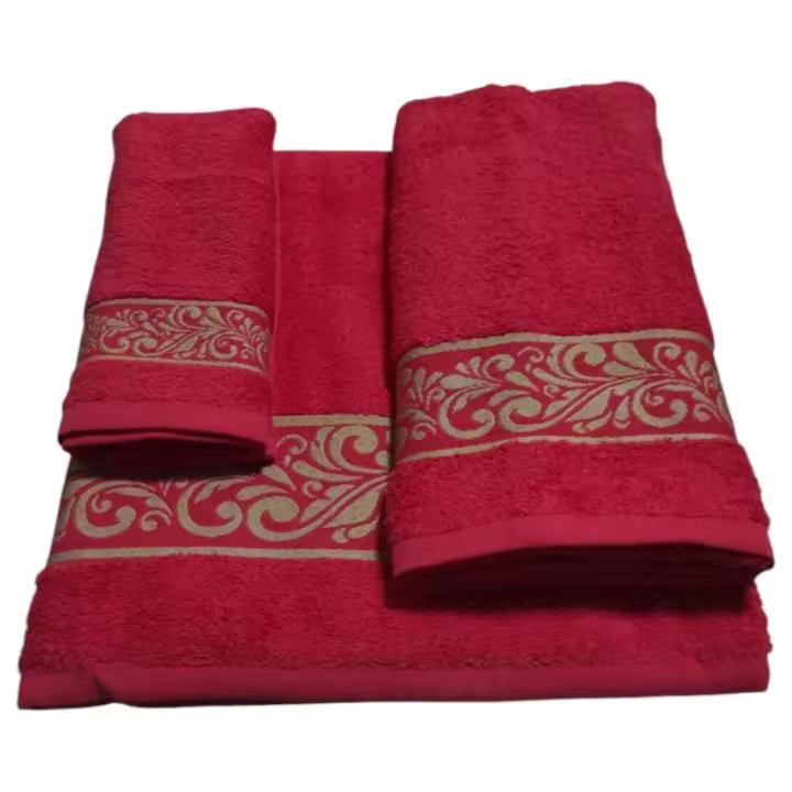 Juego de Toallas de Baño Rojo con Cenefa Decorativa Set de 3 Piezas de Lujo: Toalla de Baño, Manos y Facial 100% Algodón Portugués 500 g/m² - 1