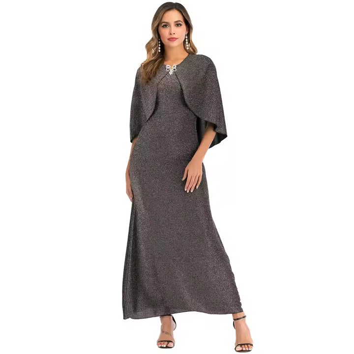 Elegante Vestido Largo de Fiesta de Noche para Mujeres ENKA2025 Cuello Redondo Plata Dorada y Plata - 1