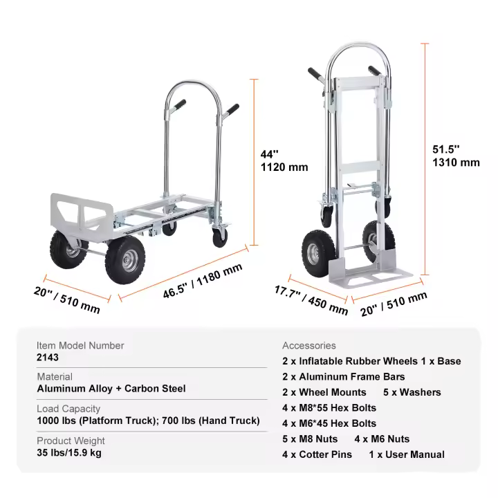 SucceBuy Camión de mano de aluminio, carrito utilitario plegable de alta resistencia, plataforma rodante industrial con ruedas de goma - 1