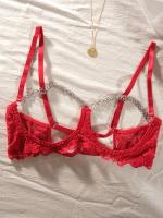 Conjunto de lencería de encaje floral erótico, sujetador abierto transparente y tanga con cadena, lencería sexy y ropa interior - details 15