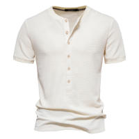 Camiseta de manga corta de punto con cuello Henry, camiseta informal de cuello redondo de color sólido para hombre, camiseta de gofre de talla europea - details 3