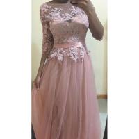 Vestidos de noche Escote redondo en gasa, elegantes apliques de tul de media manga para fiesta formal, hasta el suelo, sin espalda con - details 8
