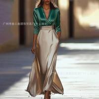 2025 Europa Y Estados Unidos Satén Cintura Cuello En V Elegante Fiesta Vestidos De Pasarela De Vacaciones - details 2