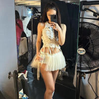 BUNO-Top corto de vendaje cruzado con lazo estético para mujer, camiseta Kawaii acanalada sin mangas con cuello redondo, ropa de calle de moda, chaleco ajustado bonito - details 6