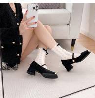 Nuevos zapatos de mujer con plataforma poco profunda y tacones gruesos con combinación de un solo color. - details 12