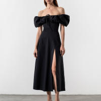 Vestido Largo Francés de Hombro Único para Mujer 2024 Mangas Abullonadas, Cordón, Delgado Casual con Ranura - details 8