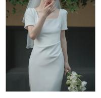 Vestido largo elástico y ajustado de manga corta con cuello cuadrado francés para mujer - details 5