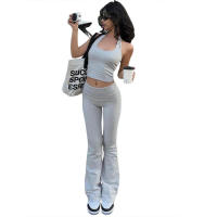 BUNO-Conjunto informal de 2 piezas de gato extraño para mujer, camisola deportiva con cuello Halter y pantalón acampanado, ropa de calle a juego, liso y elástico, sencillo - details 25