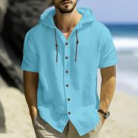 Camisa de lino y algodón de manga corta para hombre, informal, color sólido, con capucha, talla grande, ropa de hombre - details 2