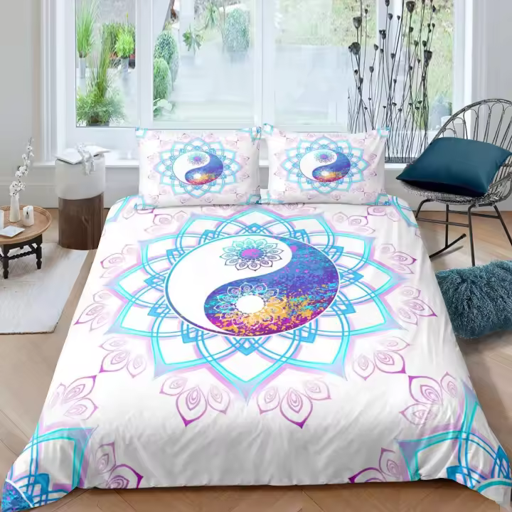 Juego de Funda de Edredón Bohemio Mandala Cubierta de Cama de Poliéster en Negro y Blanco para Niños Tamaño de Rey - 1