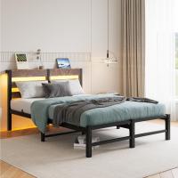 Marco de cama doble con estación de carga y luces LED, plataforma de metal resistente, marco de cama doble de 135 x 190 cm con cabecero de madera con almacenamiento, no necesita - details 44
