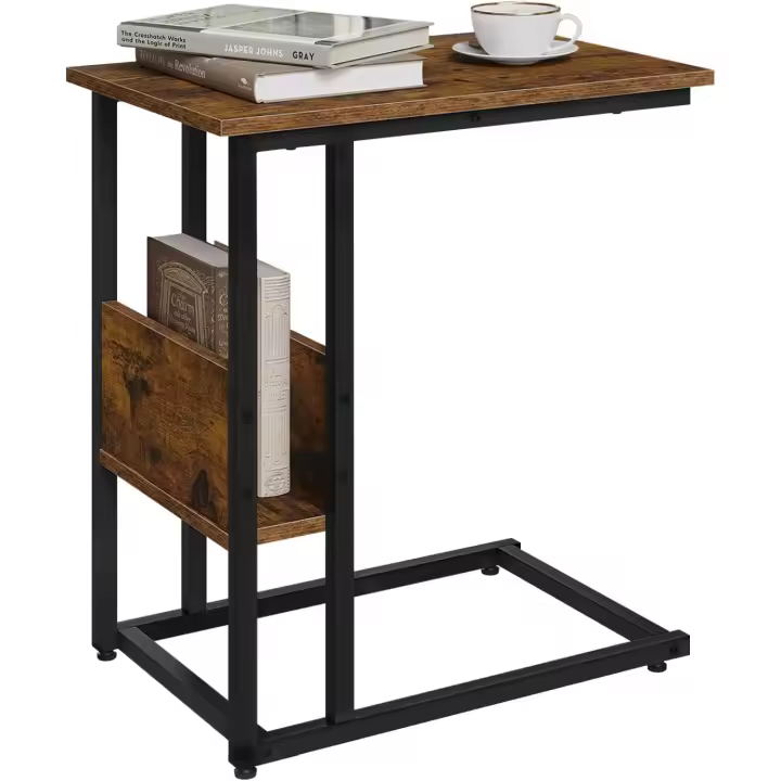 Mesa de centro, mesita de noche con estante, marco metálico, madera ecológica, diseño moderno, estilo industrial, medidas: 55x36x59,5cm (BxTxH) - 1