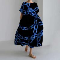 Ropa holgada de verano para mujer, vestidos bohemios, nuevo jersey de manga corta con estampado de cadena y cuello redondo a la moda para noche - details 2