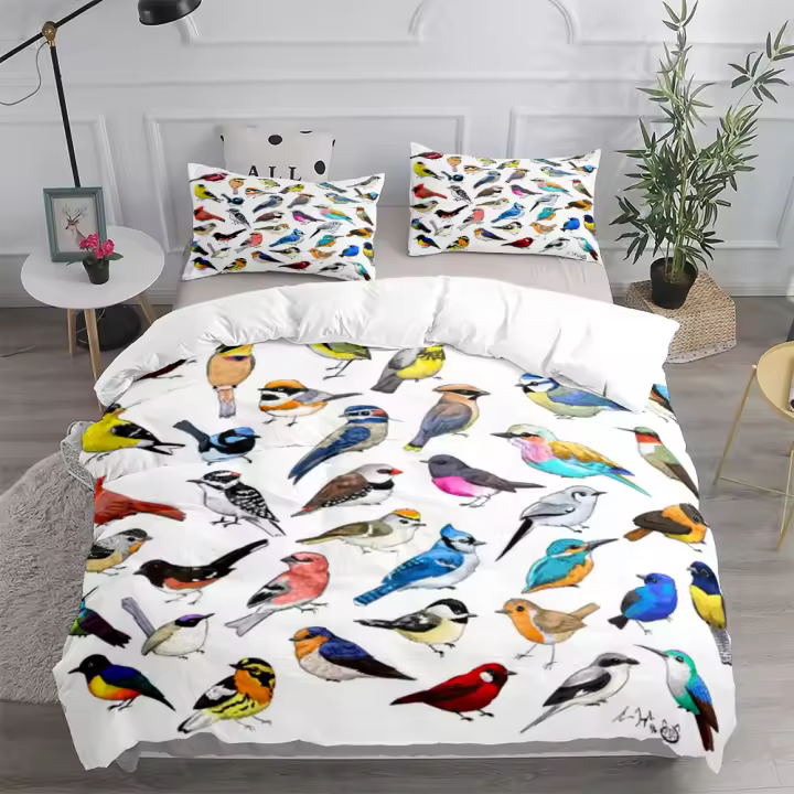 Juego de funda nórdica con diseño floral y pájaros, tamaño King, Queen, doble, completo, individual, funda de almohada, juego de ropa de cama - 1