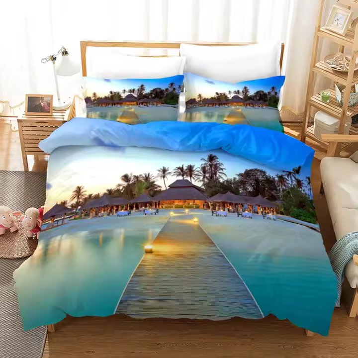 Juego de Funda de Edredón de Playa de Poliéster Tema de Naturaleza Tropical con Palmera y Mar - 1