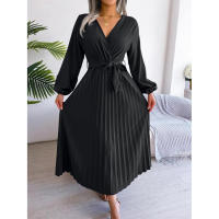 Vestido largo plisado con dobladillo grande para mujer, vestido cruzado de Color liso con cuello en V, moda de primavera y verano - details 7