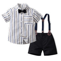 Camisa de algodón de manga corta con cuello a rayas y pajarita para niños, pantalones cortos con tirantes, conjunto de dos piezas de estilo británico, verano 2023 - details 5