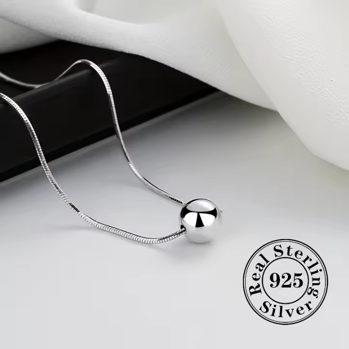 Collar Sencillo De Plata De Ley 925 Con Cadena De Hueso De Serpiente, Bola Redonda Pequeña, Regalo De Aniversario Para mujer - 1