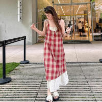 Vestido largo holgado Retro de verano para mujer, vestido con tirantes de dos piezas falso a cuadros para mujer - details 10
