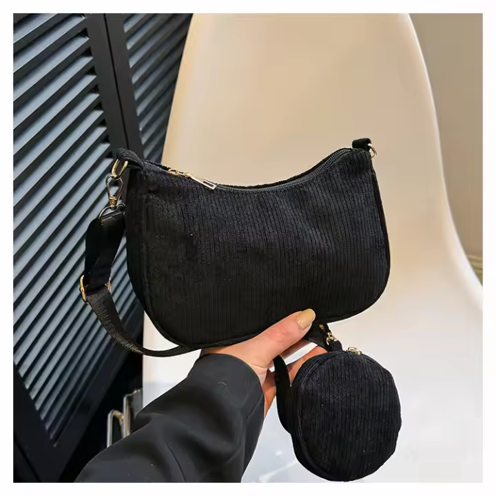 2025 Primavera y novedad de verano bolso cuadrado pequeño de pana de un hombro de moda pana Retro axila Baguette monedero - 1
