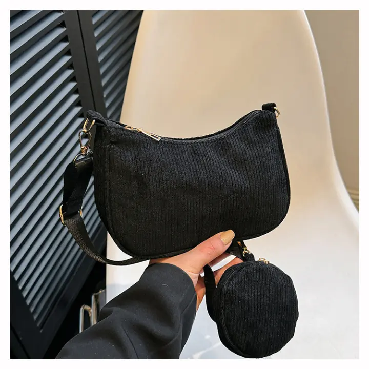 2025 Primavera y novedad de verano bolso cuadrado pequeño de pana de un hombro de moda pana Retro axila Baguette monedero - 1