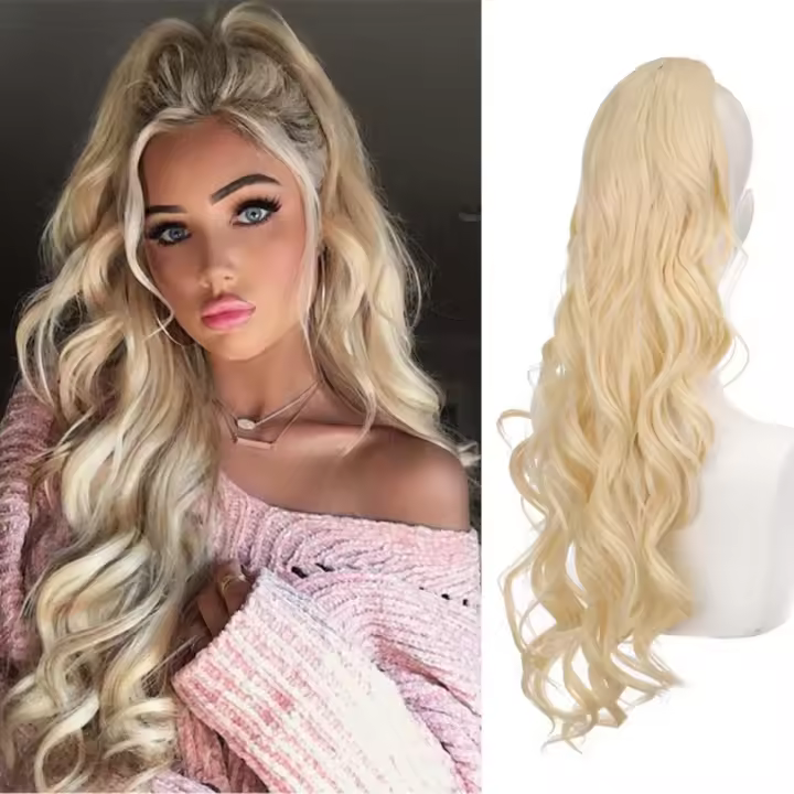 Extensiones de cola de caballo sintéticas rizadas, extensiones de cabello con Clip, cola de caballo larga ondulada con cordón, postizos Afro naturales negros - 1