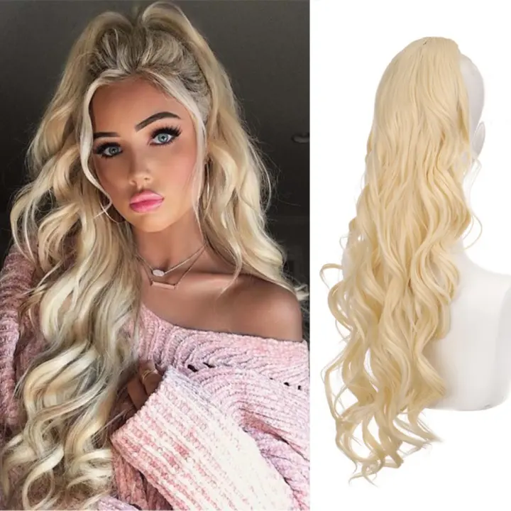Extensiones de cola de caballo sintéticas rizadas, extensiones de cabello con Clip, cola de caballo larga ondulada con cordón, postizos Afro naturales negros - 1