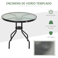 Mesa de Jardín Redonda de Cristal Templado Comedor de Patio Terrázano Balcón Exterior con Agujero para Parasol Negro Ø80x72 cm - details 4