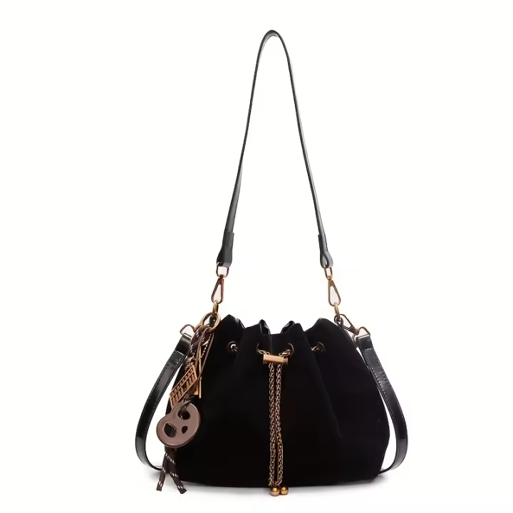 Bolso bandolera vintage para mujer - Bolso tipo cubo con correa ajustable, cierre con cordón, marrón café/negro - Bolso de mano para el día a día, formal, eventos especiales - Bolso duradero para mujer, bolso cruzado, accesorio para eventos nocturnos - 1
