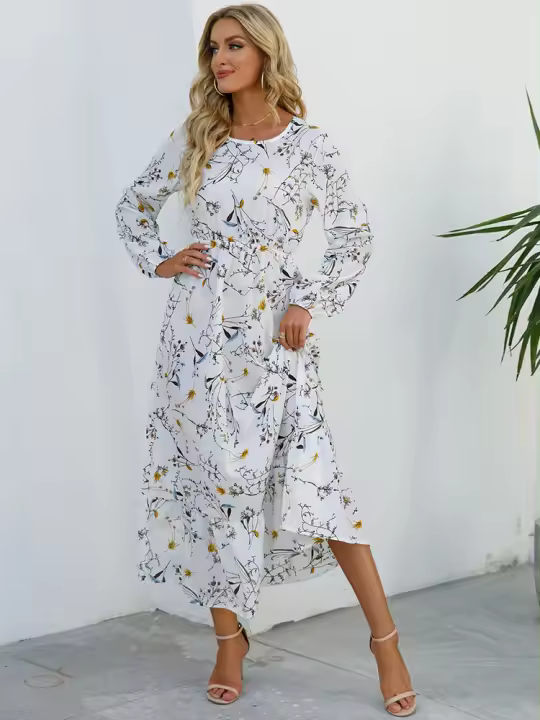 Vestido largo elegante de fiesta con estampado floral, mangas largas tipo farol y cintura alta para mujer - 1