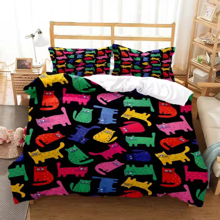 Juego de Ropa de Cama con Estampado de Gato Encantador Funda de Almohada y Juego de Cama de Lujo Queen Estilo Personalizado para Niños - 1