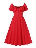 Elegante Vestido Largo Rojo con Cuello de Corazón Vintage Cintura Elástica, Botones Frontales - details 1