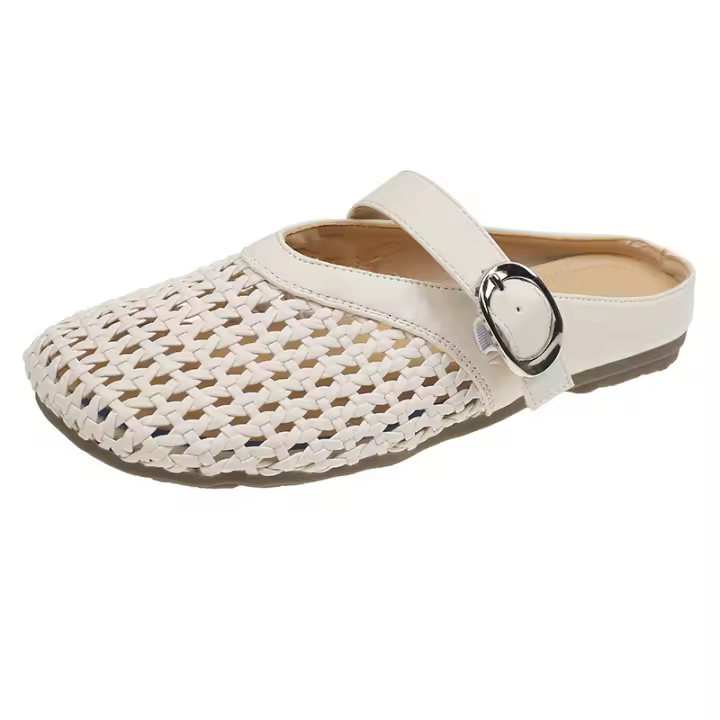 Verano nuevas zapatillas perezosas transpirables tejidas de un pedal zapatillas de cabeza de bolso de fondo plano cómodo de suela suave para mujer. - 1