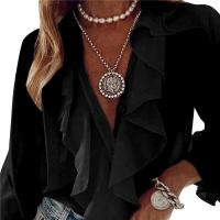Camisas de gasa de Color liso para mujer, blusas holgadas con volantes y cuello en V, blusas de manga larga, Tops para mujer, ropa de calle de señora nueva de otoño - details 3