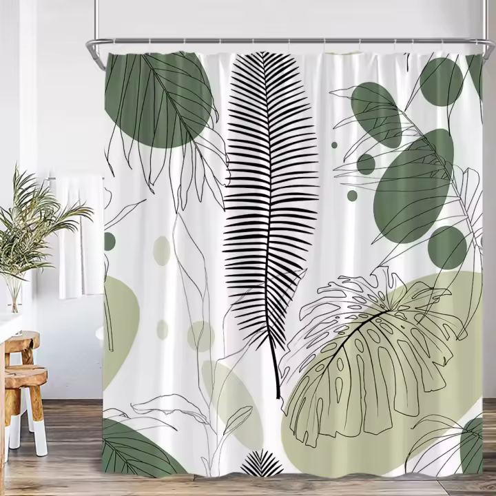 Cortina de Ducha Tropical con Hojas de Palma Decoración de Baño Minimalista Moderna de Poliéster con Ganchos - 1