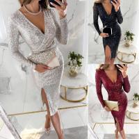 Vestido de fiesta elegante con lentejuelas brillantes con cuello en V, abertura lateral, talla única para noche, bodas, eventos especiales - details 1
