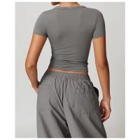 Top corto de manga corta con cuello en V para mujer, camiseta ajustada de yoga, camiseta deportiva de alta elasticidad, top de fitness - details 8