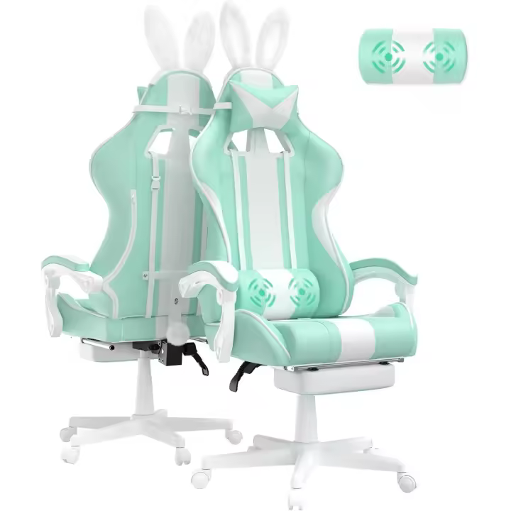 Silla Gaming Ergonómica con Masaje Racing y Reposapiés Kawaii, Sillon de Juegos Gamer con Reposacabezas Reclinable y Orejas de Conejo para Oficina, Verde Menta - 1