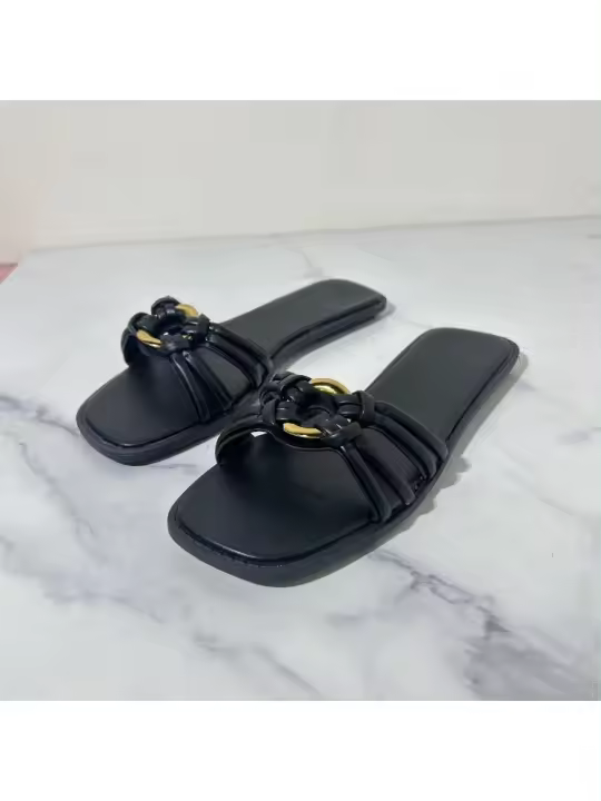 Zapatos de mujer Accesorios de metal negro Uso casual al aire libre Sandalias planas vacías traseras Zapatillas - 1