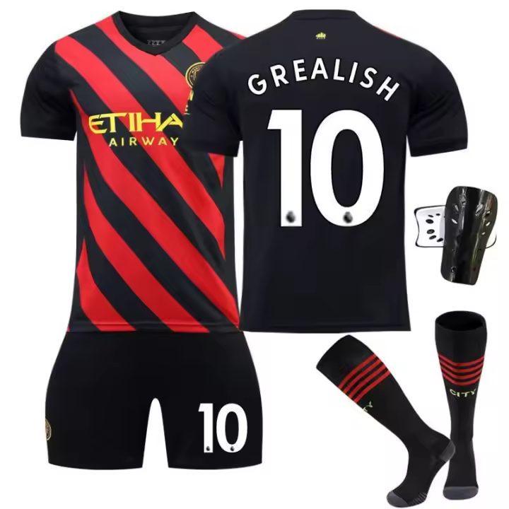 2223M Conjunto de camiseta de fútbol de la ciudad visitante, roja y negra, rayada, número 9, 10 Grealish, 17 De Bruyne - 1