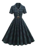 Elegante Vestido Midi de Moda Retro con Cuello Aretado Estilo Rockabilly a Cuadros Vintage para Mujeres Prenda de Otoño e Invierno con Cinturón - details 1